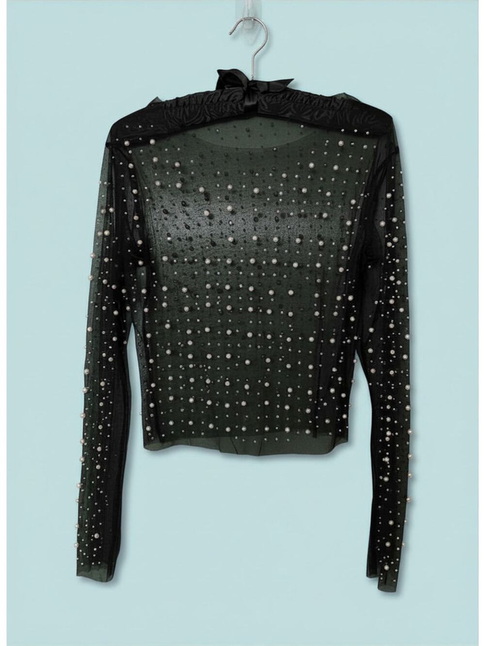 Pearl Rhinestone Sheer Mesh Top Black Sz XS
